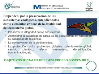 Preservar la integridad de los ecosistemas Administrar la capacidad de carga de los ecosistemas en función de su capacidad de resilencia. La conservación de la biodiversidad. La protección contra problemas globales: calentamiento global, cambio climático, efecto invernadero, desertificación, contaminación, etc.  Propenden  por la preservación de los subsistemas ecológicos, entendiéndolos como elementos críticos de la estabilidad del ecosistema global . 