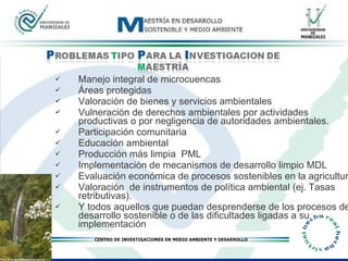 Manejo integral de microcuencas Áreas protegidas Valoración de bienes y servicios ambientales Vulneración de derechos ambientales por actividades productivas o por negligencia de autoridades ambientales. Participación comunitaria Educación ambiental Producción más limpia  PML Implementación de mecanismos de desarrollo limpio MDL Evaluación económica de procesos sostenibles en la agricultura Valoración  de instrumentos de política ambiental (ej. Tasas retributivas). Y todos aquellos que puedan desprenderse de los procesos de desarrollo sostenible o de las dificultades ligadas a su implementación 