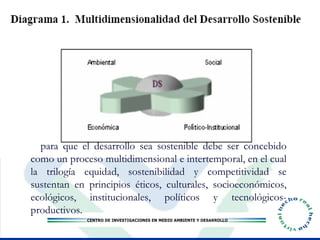 “ ... para que el desarrollo sea sostenible debe ser concebido como un proceso multidimensional e intertemporal, en el cual la trilogía equidad, sostenibilidad y competitividad se sustentan en principios éticos, culturales, socioeconómicos, ecológicos, institucionales, políticos y tecnológicos-productivos.  