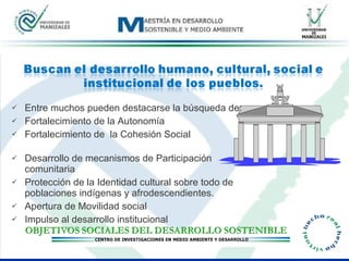 Entre muchos pueden destacarse la búsqueda de: Fortalecimiento de la Autonomía Fortalecimiento de  la Cohesión Social  Desarrollo de mecanismos de Participación comunitaria  Protección de la Identidad cultural sobre todo de poblaciones indígenas y afrodescendientes. Apertura de Movilidad social  Impulso al desarrollo institucional  