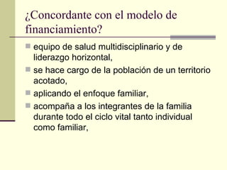¿Concordante con el modelo de financiamiento? equipo de salud multidisciplinario y de liderazgo horizontal,  se hace cargo de la población de un territorio acotado,  aplicando el enfoque familiar,  acompaña a los integrantes de la familia durante todo el ciclo vital tanto individual como familiar,  