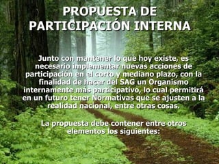 PROPUESTA DE PARTICIPACIÓN INTERNA Junto con mantener lo que hoy existe, es necesario implementar nuevas acciones de participación en el corto y mediano plazo, con la finalidad de hacer del SAG un Organismo internamente más participativo, lo cual permitirá en un futuro tener Normativas que se ajusten a la realidad nacional, entre otras cosas. La propuesta debe contener entre otros elementos los siguientes: 