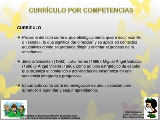 CONFIGURACIÓN
CAMPO CURRICULAR
Diana Carolina Gómez
UNIVERSIDAD SAN BUENAVENTURA SECCIONAL CALI
LICENCIATURA EN EDUCACIÓN PARA LA PRIMERA INFANCIA
CURRÍCULO
 Proviene del latín currere, que etiológicamente quiere decir «carril»
o «senda», lo que significa dar dirección y se aplica en contextos
educativos donde se pretende dirigir u orientar el proceso de la
enseñanza.
 Jimeno Sacristán (1992), Julio Torres (1996), Miguel Ángel Sabalza
(1996) y Ángel Villarin (1996), como un plan estratégico de estudio
que organiza el contenido y actividades de enseñanza en una
secuencia integrada y progresiva.
 El currículo como carta de navegación de una institución para
aprender a aprender y seguir aprendiendo.
 