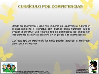 CONFIGURACIÓN
CAMPO CURRICULAR
Diana Carolina Gómez
UNIVERSIDAD SAN BUENAVENTURA SECCIONAL CALI
LICENCIATURA EN EDUCACIÓN PARA LA PRIMERA INFANCIA
Desde su nacimiento el niño esta inmerso en un ambiente cultural en
el cual relaciona e interactúa con muchos seres humanos que le
ayudan a construir una extensa red de significados los cuales son
incorporados de manera paulatina en un proceso de internalización.
Con este tipo de experiencia los niños pueden aprender a interpretar,
argumentar y a derivar.
 