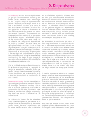 131
5. Dimensiones
del Desarrollo y Apuestas Pedagógicas para el Trabajo en Educación Inicial
El modelado: es una técnica imprescindible
ya que por utilizar materiales blandos y ma-
leables (arcilla, plastilina, barro, arena moja-
da, etc.), propicia un tipo de experimentación
propia y especial para la etapa inicial en la
que se encuentran los niños y las niñas de
esta edad (basta con observar a un niño o una
niña jugar con la comida, o al momento de
descubrir que puede abrir y cerrar sus manos
para atrapar y percibir). Compromete de una
manera importante, además de la percepción
táctil, el olfato, el gusto y la habilidad cognitiva
de dar forma con las manos y de contar con
un referente de configuración espacial real.
En un inicio los niños y las niñas hacen uso
del material plástico sin intención de modelar
algo: lo aplastan, lo parten, lo desmenuzan, lo
pellizcan, lo esparcen, lo estrujan, lo golpean.
Corresponde a un momento de exploración
y de descubrir qué posibilidades les ofrecen
esos materiales, aquí prima la necesidad del
movimiento y del juego, lo más importante
para ellos es la manipulación del material y las
sensaciones derivadas de ésta.
Con el modelado se desarrollan otros múscu-
los y destrezas; se estimula la capacidad de
percibir y aprender las cualidades de las ma-
sas, los cuerpos, los volúmenes y el todo de las
formas, permitiendo que su apreciación se dé
a voluntad, promoviendo la construcción de
conocimiento.
Las construcciones: son una manera de con-
figurar tridimensionalmente por medio del acto
de ensamblar. Generan en los niños y las ni-
ñas un sinfín de experiencias que fortalecen
sus procesos de ubicación de espacio; para-
lelamente permiten que trabajen en aspectos
que tienen que ver con lo bidimensional y lo
tridimensional.
La construcción plástica ha de entenderse
como un espacio vivencial que permite la in-
terrelación de las formas plásticas elaboradas
por los niños y las niñas con el mundo que
les rodea, por ello tiene un valor fundamental
en las actividades expresivas infantiles. Para
los niños y las niñas es natural relacionar las
formas con el espacio real, por ello la organi-
zación espacial en la tercera dimensión supo-
ne una afirmación de su percepción real del
mundo. Los volúmenes construidos contienen
un alto grado de imaginación y experimenta-
ción con materiales diversos y son sumamente
atractivos para los niños y las niñas, porque
transfieren la realidad a las tres dimensiones;
es en cierta manera poseer la vida, imitarla y
abstraerla para apropiarse de ésta.
En el modelado, la satisfacción del niño o la
niña surge de modificar la forma, con ello afir-
ma su voluntad e impone su sello personal. En
la construcción, el niño o niña establece rela-
ciones directas entre sí y los objetos, experi-
menta con ellos, satisface su curiosidad, juega
con los materiales; ejerce su voluntad despla-
zando y ordenando las piezas de acuerdo con
su imaginación y su fantasía. Así, del mismo
modo que él sube a un mueble, coloca una
caja encima de la otra y se identifica con ese
objeto elevándolo, vive por proyección sus
propias sensaciones de escalar, subir, bajar,
del peligro vencido, del vértigo y del dominio.
Si bien las experiencias artísticas se caracteri-
zan por promover el desarrollo de niños y niñas
desde la aproximación y el uso de materiales
y técnicas tradicionales, también es un hecho
que dicho desarrollo se apoya igualmente y
de manera importante en la utilización cotidia-
na de medios y herramientas tecnológicas de
carácter audiovisual. Existe hoy una relación
estrecha entre los niños, las niñas y la imagen
audiovisual, a través del vídeo, la Internet, la
fotografía, el cine, entre otras, lo cual influen-
cia fuertemente la forma en que los niños y las
niñas perciben el mundo y por consiguiente la
forma en que se expresan.
Está claro que aunque un niño o niña en los
primeros años no pueda manipular una cáma-
ra fotográfica, una videocámara o una graba-
 