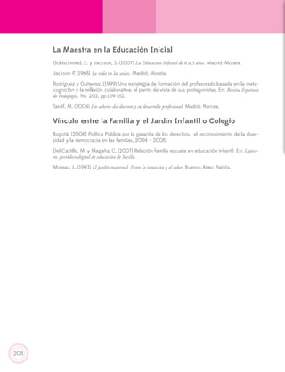 208
La Maestra en la Educación Inicial
Goldschmied, E. y Jackson, S. (2007) La Educación Infantil de 0 a 3 años. Madrid: Morata.
Jackson P. (1968) La vida en las aulas. Madrid: Morata.
Rodriguez y Gutierrez, (1999) Una estrategia de formación del profesorado basada en la meta-
cognición y la reflexión colaborativa: el punto de vista de sus protagonistas. En: Revista Española
de Pedagogía, No. 202, pp.159-182.
Tardif, M. (2004) Los saberes del docente y su desarrollo profesional. Madrid: Narcea.
Vínculo entre la Familia y el Jardín Infantil o Colegio
Bogotá. (2006) Política Pública por la garantía de los derechos, el reconocimiento de la diver-
sidad y la democracia en las familias, 2004 – 2008.
Del Castillo, M. y Magaña, C. (2007) Relación familia escuela en educación infantil. En: Lapice-
ro, periódico digital de educación de Sevilla.
Moreau, L. (1993) El jardín maternal. Entre la intuición y el saber. Buenos Aires: Paidós.
 