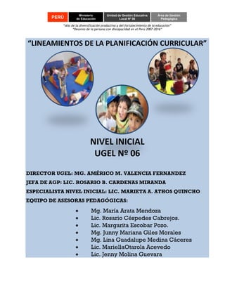 “Año de la diversificación productiva y del fortalecimiento de la educación”
“Decenio de la persona con discapacidad en el Perú 2007-2016”
PERÚ
Ministerio
de Educación
Unidad de Gestión Educativa
Local Nº 06
Área de Gestión
Pedagógica
“LINEAMIENTOS DE LA PLANIFICACIÓN CURRICULAR”
NIVEL INICIAL
UGEL Nº 06
DIRECTOR UGEL: MG. AMÉRICO M. VALENCIA FERNANDEZ
JEFA DE AGP: LIC. ROSARIO B. CARDENAS MIRANDA
ESPECIALISTA NIVEL INICIAL: LIC. MARIETA A. ATHOS QUINCHO
EQUIPO DE ASESORAS PEDAGÓGICAS:
 Mg. María Arata Mendoza
 Lic. Rosario Céspedes Cabrejos.
 Lic. Margarita Escobar Pozo.
 Mg. Junny Mariana Giles Morales
 Mg. Lina Guadalupe Medina Cáceres
 Lic. MariellaOtarola Acevedo
 Lic. Jenny Molina Guevara
 