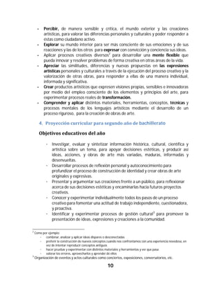 10	
	
- Percibir, de manera sensible y crítica, el mundo exterior y las creaciones
artísticas, para valorar las diferencias personales y culturales y poder responder a
éstas como ciudadano activo.
- Explorar su mundo interior para ser más consciente de sus emociones y de sus
reacciones y las de los otros para expresar con convicción y conciencia sus ideas.
- Aplicar procesos creativos diversos2
para desarrollar una mente flexible que
pueda innovar y resolver problemas de forma creativa en otras áreas de la vida.
- Apreciar las similitudes, diferencias y nuevas propuestas en las expresiones
artísticas personales y culturales a través de la ejecución del proceso creativo y la
valorización de otras obras, para responder a ellas de una manera individual,
informada y significativa.
- Crear productos artísticos que expresen visiones propias, sensibles e innovadoras
por medio del empleo consciente de los elementos y principios del arte, para
experimentar procesos reales de transformación.
- Comprender y aplicar distintos materiales, herramientas, conceptos, técnicas y
procesos mentales de los lenguajes artísticos mediante el desarrollo de un
proceso riguroso, para la creación de obras de arte.
4. Proyección	curricular	para	segundo	año	de	bachillerato	
Objetivos	educativos	del	año	
· Investigar, evaluar y sintetizar información histórica, cultural, científica y
artística sobre un tema, para apoyar decisiones estéticas, y producir así
ideas, acciones, y obras de arte más variadas, maduras, informadas y
desenvueltas.
· Desarrollar procesos de reflexión personal y autoconocimiento para
profundizar el proceso de construcción de identidad y crear obras de arte
originales y expresivas.
· Presentar y argumentar sus creaciones frente a un público, para reflexionar
acerca de sus decisiones estéticas y encaminarlas hacia futuros proyectos
creativos.
· Conocer y experimentar individualmente todos los pasos de un proceso
creativo para fomentar una actitud de trabajo independiente, cuestionadora,
y proactiva.
· Identificar y experimentar procesos de gestión cultural3
para promover la
presentación de ideas, expresiones y creaciones a la comunidad.
																																																													
2
Como por ejemplo:
· combinar, analizar y aplicar ideas dispares o desconectadas
· preferir la construcción de nuevos conceptos cuando nos confrontamos con una experiencia novedosa, en
vez de intentar reproducir conceptos antiguos
· hacer pruebas y experimentar con distintos materiales y herramientas y ver que pasa
· valorar los errores, aprovecharlos y aprender de ellos
3
Organización de eventos y actos culturales como conciertos, exposiciones, conversatorios, etc.
 