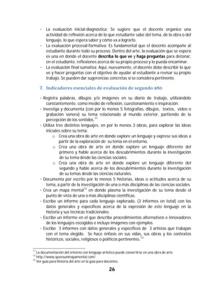 26	
	
· La evaluación inicial-diagnóstica: Se sugiere que el docente organice una
actividad de reflexión acerca de lo que estudiante sabe del tema, de la obra o del
lenguaje, lo que espera saber y cómo va a lograrlo.
· La evaluación procesal-formativa: Es fundamental que el docente acompañe al
estudiante durante todo su proceso. Dentro del arte, la evaluación que se espera
es una en donde el docente describa lo que ve y haga preguntas para detonar,
en el estudiante, reflexiones acerca de su propio proceso y lo pueda encaminar.
· La evaluación final sumativa: Aquí, nuevamente, el docente debe describir lo que
ve y hacer preguntas con el objetivo de ayudar al estudiante a revisar su propio
trabajo. Se pueden dar sugerencias concretas si se considera pertinente.
7. Indicadores	esenciales	de	evaluación	de	segundo	año	
· Registra palabras, dibujos y/o imágenes en su diario de trabajo, utilizándolo
constantemente, como medio de reflexión, cuestionamiento e inspiración.
· Investiga y documenta (con por lo menos 5 fotografías, dibujos, textos, video o
grabación sonora) su tema relacionado al mundo exterior, partiendo de la
percepción de los sentidos.11
· Utiliza tres distintos lenguajes, en por lo menos 3 obras, para explorar las ideas
iniciales sobre su tema:
o Crea una obra de arte en donde explore un lenguaje y exprese sus ideas a
partir de la exploración de su tema en el entorno.
o Crea una obra de arte en donde explore un lenguaje diferente del
primero y hable acerca de los descubrimientos durante la investigación
de su tema desde las ciencias sociales.
o Crea una obra de arte en donde explore un lenguaje diferente del
segundo y hable acerca de los descubrimientos durante la investigación
de su temas desde las ciencias naturales.
· Documenta por escrito por lo menos 5 historias, ideas o actitudes acerca de su
tema, a partir de la investigación de una o más disciplinas de las ciencias sociales.
· Crea un mapa mental12
en donde plasma la investigación de su tema desde el
punto de vista de una o más disciplinas científicas.
· Escribe un informe para cada lenguaje explorado, (3 informes en total) con los
datos generales y específicos acerca de la expresión de este lenguaje en la
historia y sus técnicas tradicionales.
· Escribe un informe en el que describe procedimientos alternativos e innovadores
de los lenguajes escogidos e incluye imágenes con ejemplos.
· Escribe 3 informes con datos generales y específicos de 3 artistas que trabajan
con el tema elegido. Se hace énfasis en sus vidas, sus obras y los contextos
históricos, sociales, religiosos o políticos pertinentes.13
																																																													
11
La documentación del entorno con lenguaje artístico puede convertirse en una obra de arte.
12
http://www.queesunmapamental.com/
13
Ver guía para historia del arte en la guía para docentes.
 