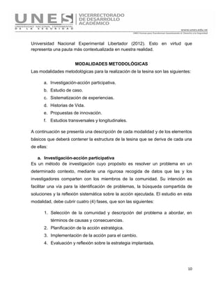 10
Universidad Nacional Experimental Libertador (2012). Esto en virtud que
representa una pauta más contextualizada en nuestra realidad.
MODALIDADES METODOLÓGICAS
Las modalidades metodológicas para la realización de la tesina son las siguientes:
a. Investigación-acción participativa.
b. Estudio de caso.
c. Sistematización de experiencias.
d. Historias de Vida.
e. Propuestas de innovación.
f. Estudios transversales y longitudinales.
A continuación se presenta una descripción de cada modalidad y de los elementos
básicos que deberá contener la estructura de la tesina que se deriva de cada una
de ellas:
a. Investigación-acción participativa
Es un método de investigación cuyo propósito es resolver un problema en un
determinado contexto, mediante una rigurosa recogida de datos que las y los
investigadores comparten con los miembros de la comunidad. Su intención es
facilitar una vía para la identificación de problemas, la búsqueda compartida de
soluciones y la reflexión sistemática sobre la acción ejecutada. El estudio en esta
modalidad, debe cubrir cuatro (4) fases, que son las siguientes:
1. Selección de la comunidad y descripción del problema a abordar, en
términos de causas y consecuencias.
2. Planificación de la acción estratégica.
3. Implementación de la acción para el cambio.
4. Evaluación y reflexión sobre la estrategia implantada.
 