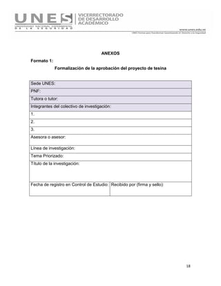18
ANEXOS
Formato 1:
Formalización de la aprobación del proyecto de tesina
Sede UNES:
PNF:
Tutora o tutor:
Integrantes del colectivo de investigación:
1.
2.
3.
Asesora o asesor:
Línea de investigación:
Tema Priorizado:
Título de la investigación:
Fecha de registro en Control de Estudio: Recibido por (firma y sello):
 