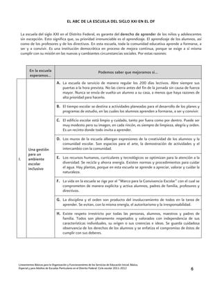 EL ABC DE LA ESCUELA DEL SIGLO XXI EN EL DF

 La escuela del siglo XXI en el Distrito Federal, es garante del derecho de aprender de los niños y adolescentes
 sin excepción. Esto significa que, su prioridad irrenunciable es el aprendizaje. El aprendizaje de los alumnos, así
 como de los profesores y de los directivos. En esta escuela, toda la comunidad educativa aprende a formarse, a
 ser y a convivir. Es una institución democrática en proceso de mejora continua, porque se exige a sí misma
 cumplir con su misión en las nuevas y cambiantes circunstancias sociales. Por estas razones:


         En la escuela                                                Podemos saber que mejoramos si…
         esperamos…
                                 A. La escuela da servicio de manera regular los 200 días lectivos. Abre siempre sus
                                    puertas a la hora prevista. No las cierra antes del fin de la jornada sin causa de fuerza
                                    mayor. Nunca se envía de vuelta un alumno a su casa, a menos que haya razones de
                                    alta prioridad para hacerlo.

                                 B. El tiempo escolar se destina a actividades planeadas para el desarrollo de los planes y
                                    programas de estudio, en las cuales los alumnos aprenden a formarse, a ser y convivir.

                                 C. El edificio escolar está limpio y cuidado, tanto por fuera como por dentro. Puede ser
                                    muy modesto pero su imagen, en cada rincón, es siempre de limpieza, alegría y orden.
                                    Es un recinto donde todo invita a aprender.

                                 D. Los muros de la escuela albergan expresiones de la creatividad de los alumnos y la
                                    comunidad escolar. Son espacios para el arte, la demostración de actividades y el
        Una gestión                 intercambio con la comunidad.
        para un
I.      ambiente                 E. Los recursos humanos, curriculares y tecnológicos se optimizan para la atención a la
        escolar                     diversidad. Se recicla y ahorra energía. Existen normas y procedimientos para cuidar
        inclusivo                   el agua. Hay plantas, porque en esta escuela se aprende a apreciar, valorar y cuidar la
                                    naturaleza.

                                 F. La vida en la escuela se rige por el “Marco para la Convivencia Escolar” con el cual se
                                    comprometen de manera explícita y activa alumnos, padres de familia, profesores y
                                    directivos.

                                 G. La disciplina y el orden son producto del involucramiento de todos en la tarea de
                                    aprender. Se evitan, con la misma energía, el autoritarismo y la irresponsabilidad.

                                 H. Existe respeto irrestricto por todas las personas, alumnos, maestros y padres de
                                    familia. Todos son plenamente respetados y valorados con independencia de sus
                                    características individuales, su origen o sus creencias e ideas. Se guarda cuidadosa
                                    observancia de los derechos de los alumnos y se enfatiza el compromiso de éstos de
                                    cumplir con sus deberes.




Lineamientos Básicos para la Organización y Funcionamiento de los Servicios de Educación Inicial, Básica,
Especial y para Adultos de Escuelas Particulares en el Distrito Federal. Ciclo escolar 2011-2012                       6
 