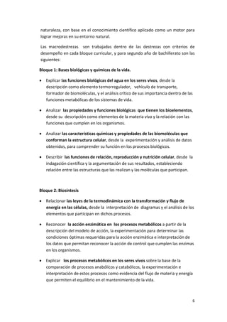 naturaleza, con base en el conocimiento científico aplicado como un motor para 
        lograr mejoras en su entorno natural. 

        Las  macrodestrezas    son  trabajadas  dentro  de  las  destrezas  con  criterios  de 
        desempeño en cada bloque curricular, y para segundo año de bachillerato son las 
        siguientes:  

    Bloque 1: Bases biológicas y químicas de la vida. 

    • Explicar las funciones biológicas del agua en los seres vivos, desde la 
      descripción como elemento termorregulador,   vehículo de transporte, 
      formador de biomoléculas, y el análisis crítico de sus importancia dentro de las 
      funciones metabólicas de los sistemas de vida. 

    • Analizar  las propiedades y funciones biológicas  que tienen los bioelementos, 
      desde su  descripción como elementos de la materia viva y la relación con las 
      funciones que cumplen en los organismos. 

    • Analizar las características químicas y propiedades de las biomoléculas que 
      conforman la estructura celular, desde la  experimentación y análisis de datos 
      obtenidos, para comprender su función en los procesos biológicos. 

    • Describir  las funciones de relación, reproducción y nutrición celular, desde  la 
      indagación científica y la argumentación de sus resultados, estableciendo 
      relación entre las estructuras que las realizan y las moléculas que participan. 

     

    Bloque 2: Biosíntesis 

    • Relacionar las leyes de la termodinámica con la transformación y flujo de  
      energía en las células, desde la  interpretación de  diagramas y el análisis de los 
      elementos que participan en dichos procesos. 

    • Reconocer  la acción enzimática en  los procesos metabólicos a partir de la 
      descripción del modelo de acción, la experimentación para determinar las 
      condiciones óptimas requeridas para la acción enzimática e interpretación de 
      los datos que permitan reconocer la acción de control que cumplen las enzimas 
      en los organismos.  

    • Explicar   los procesos metabólicos en los seres vivos sobre la base de la 
      comparación de procesos anabólicos y catabólicos, la experimentación e 
      interpretación de estos procesos como evidencia del flujo de materia y energía 
      que permiten el equilibrio en el mantenimiento de la vida. 



                                                                                             6 
 
 