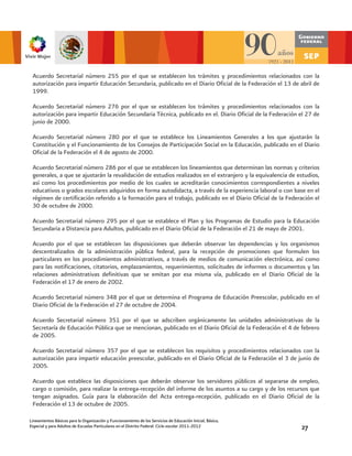 Acuerdo Secretarial número 255 por el que se establecen los trámites y procedimientos relacionados con la
 autorización para impartir Educación Secundaria, publicado en el Diario Oficial de la Federación el 13 de abril de
 1999.

 Acuerdo Secretarial número 276 por el que se establecen los trámites y procedimientos relacionados con la
 autorización para impartir Educación Secundaria Técnica, publicado en el. Diario Oficial de la Federación el 27 de
 junio de 2000.

 Acuerdo Secretarial número 280 por el que se establece los Lineamientos Generales a los que ajustarán la
 Constitución y el Funcionamiento de los Consejos de Participación Social en la Educación, publicado en el Diario
 Oficial de la Federación el 4 de agosto de 2000.

 Acuerdo Secretarial número 286 por el que se establecen los lineamientos que determinan las normas y criterios
 generales, a que se ajustarán la revalidación de estudios realizados en el extranjero y la equivalencia de estudios,
 así como los procedimientos por medio de los cuales se acreditarán conocimientos correspondientes a niveles
 educativos o grados escolares adquiridos en forma autodidacta, a través de la experiencia laboral o con base en el
 régimen de certificación referido a la formación para el trabajo, publicado en el Diario Oficial de la Federación el
 30 de octubre de 2000.

 Acuerdo Secretarial número 295 por el que se establece el Plan y los Programas de Estudio para la Educación
 Secundaria a Distancia para Adultos, publicado en el Diario Oficial de la Federación el 21 de mayo de 2001.

 Acuerdo por el que se establecen las disposiciones que deberán observar las dependencias y los organismos
 descentralizados de la administración pública federal, para la recepción de promociones que formulen los
 particulares en los procedimientos administrativos, a través de medios de comunicación electrónica, así como
 para las notificaciones, citatorios, emplazamientos, requerimientos, solicitudes de informes o documentos y las
 relaciones administrativas definitivas que se emitan por esa misma vía, publicado en el Diario Oficial de la
 Federación el 17 de enero de 2002.

 Acuerdo Secretarial número 348 por el que se determina el Programa de Educación Preescolar, publicado en el
 Diario Oficial de la Federación el 27 de octubre de 2004.

 Acuerdo Secretarial número 351 por el que se adscriben orgánicamente las unidades administrativas de la
 Secretaría de Educación Pública que se mencionan, publicado en el Diario Oficial de la Federación el 4 de febrero
 de 2005.

 Acuerdo Secretarial número 357 por el que se establecen los requisitos y procedimientos relacionados con la
 autorización para impartir educación preescolar, publicado en el Diario Oficial de la Federación el 3 de junio de
 2005.

 Acuerdo que establece las disposiciones que deberán observar los servidores públicos al separarse de empleo,
 cargo o comisión, para realizar la entrega-recepción del informe de los asuntos a su cargo y de los recursos que
 tengan asignados. Guía para la elaboración del Acta entrega-recepción, publicado en el Diario Oficial de la
 Federación el 13 de octubre de 2005.

Lineamientos Básicos para la Organización y Funcionamiento de los Servicios de Educación Inicial, Básica,
Especial y para Adultos de Escuelas Particulares en el Distrito Federal. Ciclo escolar 2011-2012             27
 