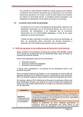 LINEAMIENTOS DEL ÁREA DE PRÁCTICA PARA LAS INSTITUCIONES DE FORMACIÓN INICIAL DOCENTE
Página 14
Las prácticas en cada semestre académico incluyen espacios para reflexión
y evaluación de las diversas situaciones que se presentan en la comunidad,
instituciones educativas y en el aula. A partir de este análisis de los factores
que afectan el aprendizaje escolar, el estudiante plantea propuestas a ser
trabajadas con participación de los padres de familia y la comunidad.
5.3. La práctica como fuente de aprendizaje
La práctica es, en sí misma, una experiencia de aprendizaje, relaciona a los
estudiantes practicantes con los de Educación Básica, así como con los
contenidos, las metodologías y los materiales que se encuentran
relacionados con una intencionalidad pedagógica, a partir de las cuales
reflexiona y acumula conocimiento.
También se debe contemplar el contexto como recurso de aprendizaje, es
decir, los practicantes deben aprovechar las diversas situaciones y
relaciones de la vida cotidiana para generar nuevos conocimientos.
6. Perfil del egresado de las instituciones de formación inicial docente
Según el Diseño Curricular Básico de Educación Superior 2010 (DCBN) “el perfil
es el conjunto de competencias que los estudiantes deben lograr al finalizar su
procesos de formación docente”.
Este ha sido organizado a partir de tres dimensiones:
 Dimensión personal
 Dimensión profesional pedagógica
 Dimensión socio comunitaria
Y asume como competencia a “la actuación de los estudiantes frente a una
dimensión del perfil”.
Para el presente Programa de Práctica, se ha considerado el mismo perfil del
egresado, planteado en el DCBN 2010 ya que el desarrollo del área de práctica
del I al X semestre académico debe contribuir al logro del desempeño del mismo.
Sin embargo, desde el 2012 el Ministerio de Educación ha planteado el Marco del
Buen Desempeño Docente, que propone en cuatro dominios las competencias
básicas que todo docente debe alcanzar a lo largo de su desarrollo profesional y
son las siguientes:
DOMINIOS COMPETENCIAS
Dominio I:
Preparación para
el aprendizaje de
los estudiantes.
COMPETENCIA 1
Conoce y comprende las características de todos sus estudiantes y
sus contextos, los contenidos disciplinares que enseña, los enfoques
y procesos pedagógicos, con el propósito de promover capacidades
de alto nivel y su formación integral.
COMPETENCIA 2
Planifica la enseñanza de forma colegiada garantizando la
coherencia entre los aprendizajes que quiere lograr en sus
estudiantes, el proceso pedagógico, el uso de recursos disponibles
 