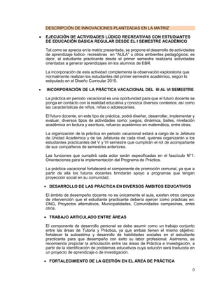 0
DESCRIPCIÓN DE INNOVACIONES PLANTEADAS EN LA MATRIZ
 EJECUCIÓN DE ACTIVIDADES LÚDICO RECREATIVAS CON ESTUDIANTES
DE EDUCACIÓN BÁSICA REGULAR DESDE EL I SEMESTRE ACADÉMICO
Tal como se aprecia en la matriz presentada, se propone el desarrollo de actividades
de aprendizaje lúdico- recreativas en “AULA” u otros ambientes pedagógicos; es
decir, el estudiante practicante desde el primer semestre realizaría actividades
orientadas a generar aprendizajes en los alumnos de EBR.
La incorporación de esta actividad complementa la observación exploratoria que
normalmente realizan los estudiantes del primer semestre académico, según lo
estipulado en el Diseño Curricular 2010.
 INCORPORACIÓN DE LA PRÁCTICA VACACIONAL DEL III AL VI SEMESTRE
La práctica en periodo vacacional es una oportunidad para que el futuro docente se
ponga en contacto con la realidad educativa y conozca diversos contextos; así como
las características de niños, niñas o adolescentes.
El futuro docente, en este tipo de práctica, podrá diseñar, desarrollar, implementar y
evaluar, diversos tipos de actividades como: juegos, dinámica, bailes, nivelación
académica en lectura y escritura, refuerzo académico en matemática, entre otras.
La organización de la práctica en periodo vacacional estará a cargo de la Jefatura
de Unidad Académica y de las Jefaturas de cada nivel, quienes organizarán a los
estudiantes practicantes del V y VI semestre que cumplirán el rol de acompañante
de sus compañeros de semestres anteriores.
Las funciones que cumplirá cada actor serán especificadas en el fascículo N°1:
Orientaciones para la implementación del Programa de Práctica.
La práctica vacacional fortalecerá el componente de promoción comunal, ya que a
partir de ella los futuros docentes brindarán apoyo a programas que tengan
proyección social en su comunidad.
 DESARROLLO DE LAS PRÁCTICA EN DIVERSOS ÁMBITOS EDUCATIVOS
El ámbito de desempeño docente no es únicamente el aula, existen otros campos
de intervención que el estudiante practicante debería ejercer como prácticas en:
ONG, Proyectos alternativos, Municipalidades, Comunidades campesinas, entre
otros.
 TRABAJO ARTICULADO ENTRE ÁREAS
El componente de desarrollo personal se debe asumir como un trabajo conjunto
entre las áreas de Tutoría y Práctica, ya que ambas tienen el mismo objetivo:
fortalecer la autoestima y desarrollo de habilidades sociales en el estudiante
practicante para que desempeño con éxito su labor profesional. Asimismo, se
recomienda propiciar la articulación entre las áreas de Práctica e Investigación, a
partir de la identificación de problemas educativos cuya solución será traducida en
un proyecto de aprendizaje o de investigación.
 FORTALECIMIENTO DE LA GESTIÓN EN EL ÁREA DE PRÁCTICA
 