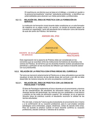 LINEAMIENTOS DEL ÁREA DE PRÁCTICA PARA LAS INSTITUCIONES DE FORMACIÓN INICIAL DOCENTE
Página 3
El coaching es una técnica que se basa en el diálogo, y consiste en ayudar a
la persona acompañante “coachee” (estudiante practicante) a identificar sus
potencialidades para alcanzar sus metas personales y profesionales.
9.2.1.3. RELACIÓN DEL ÁREA DE PRÁCTICA CON LA FORMACIÓN EN
SERVICIO
La institución de formación inicial docente debe constituirse en un ente formador
de maestros en su etapa inicial y en servicio, en donde el docente asesor se
convierte en capacitador, tanto del estudiante de la institución como del docente
de aula del centro de Práctica. Así tenemos:
Esta organización de la asesoría de Práctica debe ser considerada en los
convenios que se suscriben entre las instituciones formadoras de docentes y los
centros de Práctica, de tal forma que los docentes titulares reciban actualizaciones
periódicas y participen en las reuniones de reflexión que realice el docente asesor
con sus practicantes.
9.2.2. RELACIÓN DE LA PRÁCTICA CON OTRAS ÁREAS DEL CURRÍCULO
Tal como se mencionó anteriormente la Práctica es un área articuladora que permite
visualizar el éxito del dominio de las demás áreas del currículo y por ello se debe
desarrollar de manera conjunta, tal como se presenta a continuación:
9.2.2.1. RELACIÓN DEL ÁREA DE PRÁCTICA CON LAS ÁREAS DE
PSICOLOGÍA Y TUTORÍA
El área de Psicología implementa al futuro docente en el conocimiento y dominio
de las características del estudiante de educación básica; así como de las
diversas teorías del aprendizaje; las mismas que son analizadas a nivel teórico
y práctico en las aulas de educación superior. Sin embargo, es en el ejercicio
docente (área de práctica) cuando el estudiante reconoce la utilidad de las
teorías estudiadas.
Por otro lado, el área de Tutoría ayuda al estudiante al conocimiento de sí mismo
y a la confirmación de su vocación profesional, para lo cual emplea variadas
estrategias como entrevistas, juegos, dinámicas, visitas de estudio entre otras.
Pero es durante la práctica cuando el futuro docente confirma su vocación
profesional y decide continuar o retirarse de la carrera.
INSTITUCIÓ
N
EDUCATIVA
DOCENTE DE AULA
EN SERVICIO
ESTUDIANTE
PRACTICANTE
ASESOR DEL IFID
 