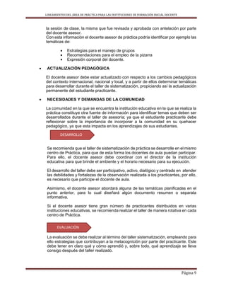 LINEAMIENTOS DEL ÁREA DE PRÁCTICA PARA LAS INSTITUCIONES DE FORMACIÓN INICIAL DOCENTE
Página 9
la sesión de clase, la misma que fue revisada y aprobada con antelación por parte
del docente asesor.
Con esta información el docente asesor de práctica podría identificar por ejemplo las
temáticas de:
 Estrategias para el manejo de grupos
 Recomendaciones para el empleo de la pizarra
 Expresión corporal del docente.
 ACTUALIZACIÓN PEDAGÓGICA
El docente asesor debe estar actualizado con respecto a los cambios pedagógicos
del contexto internacional, nacional y local, y a partir de ellos determinar temáticas
para desarrollar durante el taller de sistematización, propiciando así la actualización
permanente del estudiante practicante.
 NECESIDADES Y DEMANDAS DE LA COMUNIDAD
La comunidad en la que se encuentra la institución educativa en la que se realiza la
práctica constituye otra fuente de información para identificar temas que deben ser
desarrollados durante el taller de asesoría; ya que el estudiante practicante debe
reflexionar sobre la importancia de incorporar a la comunidad en su quehacer
pedagógico, ya que esta impacta en los aprendizajes de sus estudiantes.
Se recomienda que el taller de sistematización de práctica se desarrolle en el mismo
centro de Práctica, para que de esta forma los docentes de aula puedan participar.
Para ello, el docente asesor debe coordinar con el director de la institución
educativa para que brinde el ambiente y el horario necesario para su ejecución.
El desarrollo del taller debe ser participativo, activo, dialógico y centrado en atender
las debilidades y fortalezas de la observación realizada a los practicantes, por ello,
es necesario que participe el docente de aula.
Asimismo, el docente asesor abordará alguna de las temáticas planificadas en el
punto anterior, para lo cual diseñará algún documento resumen o separata
informativa.
Si el docente asesor tiene gran número de practicantes distribuidos en varias
instituciones educativas, se recomienda realizar el taller de manera rotativa en cada
centro de Práctica.
La evaluación se debe realizar al término del taller sistematización, empleando para
ello estrategias que contribuyan a la metacognición por parte del practicante. Este
debe tener en claro qué y cómo aprendió y, sobre todo, qué aprendizaje se lleva
consigo después del taller realizado.
DESARROLLO
EVALUACIÓN
 