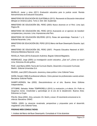 LINEAMIENTOS DEL ÁREA DE PRÁCTICA PARA LAS INSTITUCIONES DE FORMACIÓN INICIAL DOCENTE
Página 29
MURILLO, Javier y otros (2011) Evaluación educativa para la justicia social. Revista
Iberoamericana de Evaluación Educativa.
MINISTERIO DE EDUCACIÓN DE GUATEMALA (2013). Recreando la Educación Intercultural
Bilingüe en América Latina. Tomo 2. Edit. GIZ. Guatemala
MINISTERIO DE EDUCACIÓN DEL PERÚ (2003) Nueva docencia en el Perú. Lima (spi)
Página 59.
MINISTERIO DE EDUCACIÓN DEL PERÚ (2012) Avanzando en el ejercicio de transferir
competencias y recursos. Lima. Impresiones arte Perú.
MINISTERIO DE EDUCACIÓN DELPERÚ (2013). Rutas del aprendizaje. Fascículo 1 y 2.
Editorial Navarrete. Lima.
MINISTERIO DE EDUCACIÓN DEL PERÚ (2012) Marco del Buen Desempeño Docente. (spi)
Lima.
MINISTERIO DE EDUCACIÓN DEL PERÚ (2007) Proyecto Educativo Nacional al 2021.
Ediciones Biblioteca Nacional. Lima.
RAVELLA, Pedro (2010) Evaluación Auténtica. Bogotá: Editorial Magisterio.
RODRIGUEZ, Jorge (2005) La investigación acción educativa. ¿Qué es? ¿Cómo se hace?
Lima: Ediciones Ali arte gráfico.
RUIZ, José María (2005) Teoría del Currículo Diseño, Desarrollo e Innovación Curricular.
Madrid : Editorial Universitas S.A.
RIVERO, José (2007) Educación, docencia y clase política. Lima: Editorial Tarea.
SHÖN, Donald (1998) El profesional reflexivo. Cómo piensan los profesionales cuando actúan.
Barcelona: Editorial Paidós.
SHIMPF-HERKEN, Ilse (2002). Descubriéndonos en el otro. Buenos Aires: Editores
independientes.
OTTOBRE, Salvador; Walter TEMPRORELLI (2010) La motivación y el afecto. En: Profe no
tengamos recreo. Creatividad y aprendizaje en la era de la desatención. Buenos Aires:
Ediciones La Crujía.
PALOU, Silvia (2004) Arte y emoción. En: Sentir y crecer. El crecimiento emocional en la
infancia. Barcelona: GRAÓ.
TAREA. (2000) La docencia revalorada, perspectivas y propuestas para el desarrollo
magisterial. Lima: Editorial Tarea.
PÁGINAS WEB CONSULTADAS:
1. Análisis del Marco del Buen Desempeño. Consultada el 10 de diciembre
 