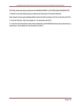 LINEAMIENTOS DEL ÁREA DE PRÁCTICA PARA LAS INSTITUCIONES DE FORMACIÓN INICIAL DOCENTE
Página 30
2013http://www.perueduca.pe/documents/60563/ce664fb7-a1dd-450d-a43d-bd8cd65b4736
2. Diseño Curricular Nacional para Institutos de Educación Formación Docente.
http://www2.minedu.gob.pe/digesutp/formacioninicial/Consultada el 30 de noviembre del 2013.
3. Guía de Práctica. Http Consultada el 1 de diciembre del 2013.
4. La teoría del Conectivismo.http://www.slideshare.net/41693819/la-teoria-del-conectivismo-y-
la-educacin. Consultada el 3 de diciembre del 2013.
 