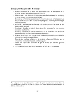20	
	
Bloque curricular: Encuentro de culturas
· Escribe un resumen de los datos más importantes acerca de la migración en su
entorno, a partir de una investigación académica.
· Describe uno o más efectos artísticos de los movimientos migratorios dentro del
entorno cercano en una conversación grupal.
· Expresa sus sentimientos asociados a un encuentro personal con otra cultura, a
través de una pequeña obra de arte visual, (imágenes,) escénica (movimientos) o
musical (sonidos).
· Reconoce y analiza los elementos básicos de la música en la apreciación de una
pieza musical nacional.
· Investiga y describe por escrito datos generales acerca de los instrumentos
musicales ecuatorianos.
· Escucha y Analiza en una conversación en el aula, los elementos de la música en
piezas musicales creadas con instrumentos alternativos.
· Analiza por escrito el valor estético de la música interpretada con instrumentos
alternativos a partir de su apreciación.
· Describe por escrito o verbalmente los símbolos culturales e históricos que se
encuentran en una manifestación artística popular.
· Canta con expresividad canciones de por lo menos dos distintos géneros
musicales.
· Toca un ritmo básico como acompañamiento al canto de sus compañeros.
																																																																																																																																																																																						
10
en cualquiera de las siguientes opciones: escritura de guión, actuación, baile, canto, diseño de
coreografía, sonido, iluminación, escenografía o vestuario. Se sugiere que los estudiantes participen en
distintos ámbitos cada vez.
 