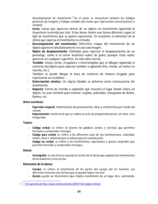 24	
	
descomposición de movimiento.12
En el comic se encuentran también los Códigos
pictóricos (la imagen) y Códigos verbales (los textos que representan conversaciones o
sonidos).
· Estela: Líneas que aparecen detrás de un objeto en movimiento siguiendo la
trayectoria recorrida por éste. Estas líneas tienen una forma diferente según el
tipo de movimiento que se quiera representar. En ocasiones el elemento de la
viñeta que expresa el movimiento es el fondo.
· Descomposición del movimiento: Diferentes etapas del movimiento de un
objeto aparecen simultáneamente en una sola imagen.
· Nubes de desplazamiento: Utilizadas para expresar el desplazamiento de un
personaje, como si al correr levantara nubes de polvo (aunque estas nubes
aparecen en cualquier superficie, no sólo sobre tierra).
· Temblor: Líneas cortas, irregulares e interrumpidas que se dibujan siguiendo el
contorno del objeto para expresar temblor o agitación (frío, miedo, un motor en
marcha, etc.).
· También se puede dibujar la línea de contorno de manera irregular para
representar un escalofrío.
· Deformación cinética: Un objeto flexible se deforma como consecuencia del
movimiento.
· Impacto: Forma de estrella o explosión que muestra el lugar donde choca un
objeto. Se usan también para mostrar crujidos, palmadas, chasquidos de dedos,
flashes, etc.
Artes escénicas:
· Expresión corporal: manifestación de pensamientos, ideas y sentimientos por medio del
cuerpo.
· Improvisación: acción en la que se realiza un acto sin preparación previa, sin aviso; acto
inesperado.
Teatro:
· Código verbal: se refiere al sistema de palabras (orales o escritas) que permiten
formular y comprender mensajes.
· Código para verbal: se refiere a los diferentes usos de voz (entonaciones, velocidad,
timbre, tono o volumen) que se utilizan para la comunicación.
· Código no verbal: se refiere a los movimientos, expresiones o gestos corporales que
permiten formular y comprender mensajes.
Danza:
· Coreografía: es una técnica especial en el arte de la danza que organiza los movimientos
de los bailarines en la escena.
Elementos de la danza:
· Cuerpo: se refiere al movimiento de las partes del cuerpo del ser humano, sus
diferentes sistemas y las formas que se pueden lograr con este.
· Acción: puede ser locomotora (que implica movimiento de un lugar otro, caminando,
																																																													
12
Recuperado de http://www.scribd.com/doc/60907722/codigo-cinetico
 