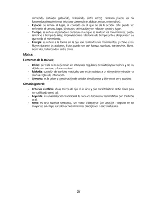 25	
	
corriendo, saltando, gateando, resbalando, entre otros). También puede ser no
locomotora (movimientos estáticos como estirar, doblar, mecer, entre otros).
· Espacio: se refiere al lugar, al contexto en el que se da la acción. Este puede ser
referente al tamaño, lugar, dirección, orientación y en relación con otro lugar.
· Tiempo: se refiere al periodo o duración en el que se realizan los movimientos; puede
referirse a tiempo de reloj, improvisación o relaciones de tiempo (antes, después) en las
que se da el movimiento.
· Energía: se refiere a la forma en la que son realizados los movimientos, y cómo estos
fluyen durante las acciones. Estos puede ser con fuerza, suavidad, sorpresivos, libres,
neutrales, balanceados, entre otros.
Música:
Elementos de la música:
· Ritmo: se trata de la repetición en intervalos regulares de los tiempos fuertes y de los
débiles en un verso o frase musical.
· Melodía: sucesión de sonidos musicales que están sujetos a un ritmo determinado y a
ciertas reglas de entonación.
· Armonía: es la unión y combinación de sonidos simultáneos y diferentes pero acordes.
Glosario general:
· Criterios estéticos: ideas acerca de qué es el arte y qué características debe tener para
ser calificado como tal.
· Leyenda: es una narración tradicional de sucesos fabulosos transmitidos por tradición
oral.
· Mito: es una leyenda simbólica, un relato tradicional (de carácter religioso en su
mayoría), en el que suceden acontecimientos prodigiosos o sobrenaturales.
 