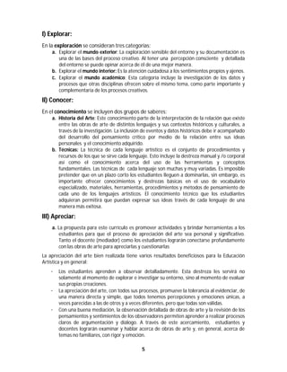 5	
	
I) Explorar:
En la exploración se consideran tres categorías:
a. Explorar el mundo exterior: La exploración sensible del entorno y su documentación es
una de las bases del proceso creativo. Al tener una percepción consciente y detallada
del entorno se puede opinar acerca de él de una mejor manera.
b. Explorar el mundo interior: Es la atención cuidadosa a los sentimientos propios y ajenos.
c. Explorar el mundo académico: Esta categoría incluye la investigación de los datos y
procesos que otras disciplinas ofrecen sobre el mismo tema, como parte importante y
complementaria de los procesos creativos.
II) Conocer:
En el conocimiento se incluyen dos grupos de saberes:
a. Historia del Arte: Este conocimiento parte de la interpretación de la relación que existe
entre las obras de arte de distintos lenguajes y sus contextos históricos y culturales, a
través de la investigación. La inclusión de eventos y datos históricos debe ir acompañado
del desarrollo del pensamiento crítico por medio de la relación entre sus ideas
personales y el conocimiento adquirido.
b. Técnicas: La técnica de cada lenguaje artístico es el conjunto de procedimientos y
recursos de los que se sirve cada lenguaje. Esto incluye la destreza manual y /o corporal
así como el conocimiento acerca del uso de las herramientas y conceptos
fundamentales. Las técnicas de cada lenguaje son muchas y muy variadas. Es imposible
pretender que en un plazo corto los estudiantes lleguen a dominarlas, sin embargo, es
importante ofrecer conocimientos y destrezas básicas en el uso de vocabulario
especializado, materiales, herramientas, procedimientos y métodos de pensamiento de
cada uno de los lenguajes artísticos. El conocimiento técnico que los estudiantes
adquieran permitirá que puedan expresar sus ideas través de cada lenguaje de una
manera más exitosa.
III) Apreciar:
a. La propuesta para este currículo es promover actividades y brindar herramientas a los
estudiantes para que el proceso de apreciación del arte sea personal y significativo.
Tanto el docente (mediador) como los estudiantes lograrán conectarse profundamente
con las obras de arte para apreciarlas y cuestionarlas.
La apreciación del arte bien realizada tiene varios resultados beneficiosos para la Educación
Artística y en general:
· Los estudiantes aprenden a observar detalladamente. Esta destreza les servirá no
solamente al momento de explorar e investigar su entorno, sino al momento de evaluar
sus propias creaciones.
· La apreciación del arte, con todos sus procesos, promueve la tolerancia al evidenciar, de
una manera directa y simple, que todos tenemos percepciones y emociones únicas, a
veces parecidas a las de otros y a veces diferentes, pero que todas son válidas.
· Con una buena mediación, la observación detallada de obras de arte y la revisión de los
pensamientos y sentimientos de los observadores permiten aprender a realizar procesos
claros de argumentación y diálogo. A través de este acercamiento, estudiantes y
docentes lograrán examinar y hablar acerca de obras de arte y, en general, acerca de
temas no familiares, con rigor y emoción.
 