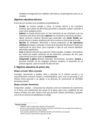 9	
	
· Posibilitar la imaginación de realidades alternativas y la participación activa en su
creación.
Objetivos educativos del área:
El área de arte brindará a los estudiantes la posibilidad de:
- Percibir, de manera sensible y crítica, el mundo exterior y las creaciones
artísticas, para valorar las diferencias personales y culturales y poder responder a
éstas como ciudadano activo.
- Explorar su mundo interior para ser más consciente de sus emociones y de sus
reacciones y las de los otros para expresar con convicción y conciencia sus ideas.
- Aplicar procesos creativos diversos2
para desarrollar una mente flexible que
pueda innovar y resolver problemas de forma creativa en otras áreas de la vida.
- Apreciar las similitudes, diferencias y nuevas propuestas en las expresiones
artísticas personales y culturales a través de la ejecución del proceso creativo y la
valorización de otras obras, para responder a ellas de una manera individual,
informada y significativa.
- Crear productos artísticos que expresen visiones propias, sensibles e innovadoras
por medio del empleo consciente de los elementos y principios del arte, para
experimentar procesos reales de transformación.
- Comprender y aplicar distintos materiales, herramientas, conceptos, técnicas y
procesos mentales de los lenguajes artísticos mediante el desarrollo de un
proceso riguroso, para la creación de obras de arte.
2. Objetivos educativos de primer año:
Bloque curricular: Mitos y leyendas
Investigar, documentar y analizar mitos y leyendas en el entorno cercano y en
representaciones artísticas visuales y cinematográficas, para crear un personaje y una
historia mítica personal y así apoyar a los procesos de construcción de identidad
personal y cultural.
Bloque curricular: Movimiento
Comprender, analizar, e interpretar las relaciones entre los fenómenos de movimiento
en la física y los movimientos del cuerpo en la danza, para crear y publicitar de una
manera artística una obra musical corta que presente visiones personales y grupales
acerca de un tema de actualidad para el colegio.
																																																													
2
Como por ejemplo:
· combinar, analizar y aplicar ideas dispares o desconectadas
· preferir la construcción de nuevos conceptos cuando nos confrontamos con una experiencia novedosa, en
vez de intentar reproducir conceptos antiguos
· hacer pruebas y experimentar con distintos materiales y herramientas y ver que pasa
· valorar los errores, aprovecharlos y aprender de ellos
 