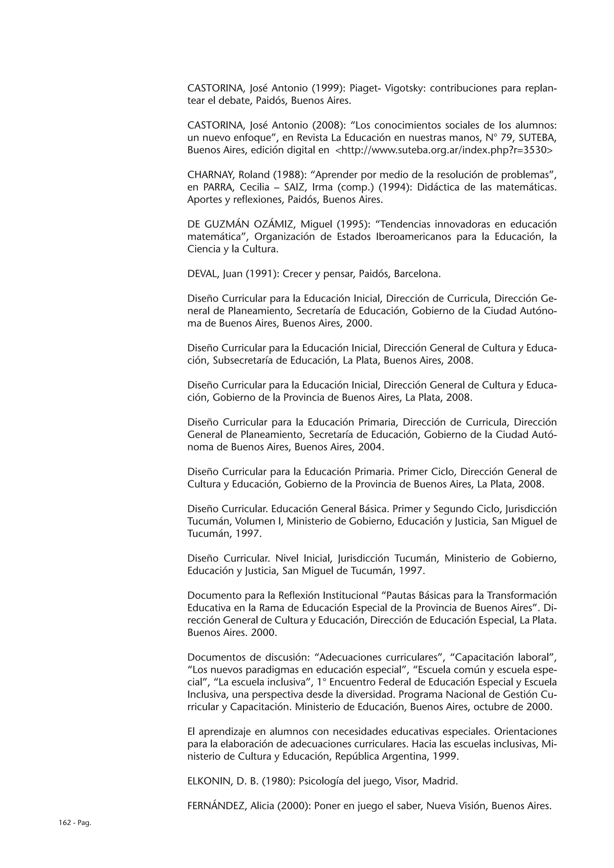 CASTORINA, José Antonio (1999): Piaget- Vigotsky: contribuciones para replan-
             tear el debate, Paidós, Buenos Aires.

             CASTORINA, José Antonio (2008): “Los conocimientos sociales de los alumnos:
             un nuevo enfoque”, en Revista La Educación en nuestras manos, N° 79, SUTEBA,
             Buenos Aires, edición digital en <http://www.suteba.org.ar/index.php?r=3530>

             CHARNAY, Roland (1988): “Aprender por medio de la resolución de problemas”,
             en PARRA, Cecilia – SAIZ, Irma (comp.) (1994): Didáctica de las matemáticas.
             Aportes y reflexiones, Paidós, Buenos Aires.

             DE GUZMÁN OZÁMIZ, Miguel (1995): “Tendencias innovadoras en educación
             matemática”, Organización de Estados Iberoamericanos para la Educación, la
             Ciencia y la Cultura.

             DEVAL, Juan (1991): Crecer y pensar, Paidós, Barcelona.

             Diseño Curricular para la Educación Inicial, Dirección de Curricula, Dirección Ge-
             neral de Planeamiento, Secretaría de Educación, Gobierno de la Ciudad Autóno-
             ma de Buenos Aires, Buenos Aires, 2000.

             Diseño Curricular para la Educación Inicial, Dirección General de Cultura y Educa-
             ción, Subsecretaría de Educación, La Plata, Buenos Aires, 2008.

             Diseño Curricular para la Educación Inicial, Dirección General de Cultura y Educa-
             ción, Gobierno de la Provincia de Buenos Aires, La Plata, 2008.

             Diseño Curricular para la Educación Primaria, Dirección de Curricula, Dirección
             General de Planeamiento, Secretaría de Educación, Gobierno de la Ciudad Autó-
             noma de Buenos Aires, Buenos Aires, 2004.

             Diseño Curricular para la Educación Primaria. Primer Ciclo, Dirección General de
             Cultura y Educación, Gobierno de la Provincia de Buenos Aires, La Plata, 2008.

             Diseño Curricular. Educación General Básica. Primer y Segundo Ciclo, Jurisdicción
             Tucumán, Volumen I, Ministerio de Gobierno, Educación y Justicia, San Miguel de
             Tucumán, 1997.

             Diseño Curricular. Nivel Inicial, Jurisdicción Tucumán, Ministerio de Gobierno,
             Educación y Justicia, San Miguel de Tucumán, 1997.

             Documento para la Reflexión Institucional “Pautas Básicas para la Transformación
             Educativa en la Rama de Educación Especial de la Provincia de Buenos Aires”. Di-
             rección General de Cultura y Educación, Dirección de Educación Especial, La Plata.
             Buenos Aires. 2000.

             Documentos de discusión: “Adecuaciones curriculares”, “Capacitación laboral”,
             “Los nuevos paradigmas en educación especial”, “Escuela común y escuela espe-
             cial”, “La escuela inclusiva”, 1° Encuentro Federal de Educación Especial y Escuela
             Inclusiva, una perspectiva desde la diversidad. Programa Nacional de Gestión Cu-
             rricular y Capacitación. Ministerio de Educación, Buenos Aires, octubre de 2000.

             El aprendizaje en alumnos con necesidades educativas especiales. Orientaciones
             para la elaboración de adecuaciones curriculares. Hacia las escuelas inclusivas, Mi-
             nisterio de Cultura y Educación, República Argentina, 1999.

             ELKONIN, D. B. (1980): Psicología del juego, Visor, Madrid.

             FERNÁNDEZ, Alicia (2000): Poner en juego el saber, Nueva Visión, Buenos Aires.
162 - Pag.
 