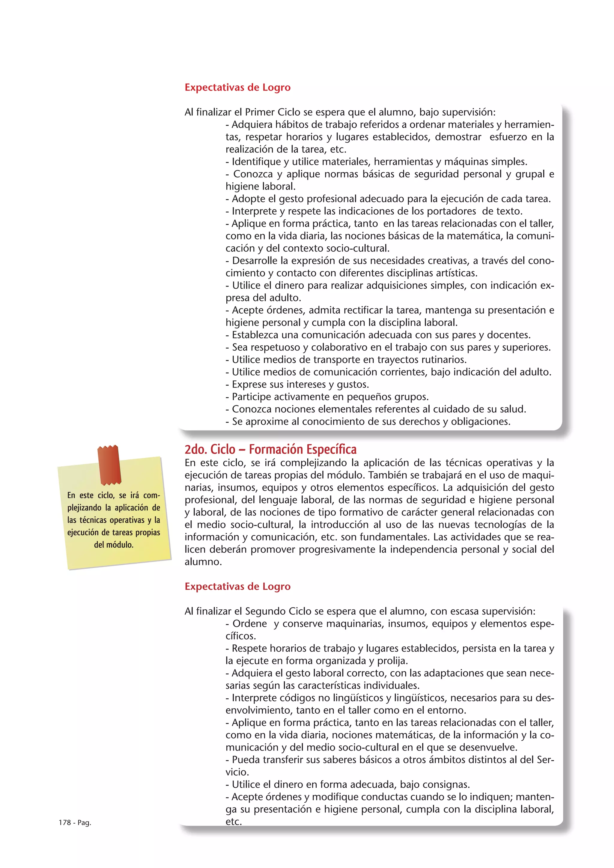 Expectativas de Logro

                                 Al finalizar el Primer Ciclo se espera que el alumno, bajo supervisión:
                                            - Adquiera hábitos de trabajo referidos a ordenar materiales y herramien-
                                            tas, respetar horarios y lugares establecidos, demostrar esfuerzo en la
                                            realización de la tarea, etc.
                                            - Identifique y utilice materiales, herramientas y máquinas simples.
                                            - Conozca y aplique normas básicas de seguridad personal y grupal e
                                            higiene laboral.
                                            - Adopte el gesto profesional adecuado para la ejecución de cada tarea.
                                            - Interprete y respete las indicaciones de los portadores de texto.
                                            - Aplique en forma práctica, tanto en las tareas relacionadas con el taller,
                                            como en la vida diaria, las nociones básicas de la matemática, la comuni-
                                            cación y del contexto socio-cultural.
                                            - Desarrolle la expresión de sus necesidades creativas, a través del cono-
                                            cimiento y contacto con diferentes disciplinas artísticas.
                                            - Utilice el dinero para realizar adquisiciones simples, con indicación ex-
                                            presa del adulto.
                                            - Acepte órdenes, admita rectificar la tarea, mantenga su presentación e
                                            higiene personal y cumpla con la disciplina laboral.
                                            - Establezca una comunicación adecuada con sus pares y docentes.
                                            - Sea respetuoso y colaborativo en el trabajo con sus pares y superiores.
                                            - Utilice medios de transporte en trayectos rutinarios.
                                            - Utilice medios de comunicación corrientes, bajo indicación del adulto.
                                            - Exprese sus intereses y gustos.
                                            - Participe activamente en pequeños grupos.
                                            - Conozca nociones elementales referentes al cuidado de su salud.
                                            - Se aproxime al conocimiento de sus derechos y obligaciones.

                                 2do. Ciclo – Formación Específica
                                 En este ciclo, se irá complejizando la aplicación de las técnicas operativas y la
                                 ejecución de tareas propias del módulo. También se trabajará en el uso de maqui-
                                 narias, insumos, equipos y otros elementos específicos. La adquisición del gesto
  En este ciclo, se irá com-
                                 profesional, del lenguaje laboral, de las normas de seguridad e higiene personal
  plejizando la aplicación de
                                 y laboral, de las nociones de tipo formativo de carácter general relacionadas con
  las técnicas operativas y la
                                 el medio socio-cultural, la introducción al uso de las nuevas tecnologías de la
  ejecución de tareas propias
                                 información y comunicación, etc. son fundamentales. Las actividades que se rea-
          del módulo.
                                 licen deberán promover progresivamente la independencia personal y social del
                                 alumno.

                                 Expectativas de Logro

                                 Al finalizar el Segundo Ciclo se espera que el alumno, con escasa supervisión:
                                            - Ordene y conserve maquinarias, insumos, equipos y elementos espe-
                                            cíficos.
                                            - Respete horarios de trabajo y lugares establecidos, persista en la tarea y
                                            la ejecute en forma organizada y prolija.
                                            - Adquiera el gesto laboral correcto, con las adaptaciones que sean nece-
                                            sarias según las características individuales.
                                            - Interprete códigos no lingüísticos y lingüísticos, necesarios para su des-
                                            envolvimiento, tanto en el taller como en el entorno.
                                            - Aplique en forma práctica, tanto en las tareas relacionadas con el taller,
                                            como en la vida diaria, nociones matemáticas, de la información y la co-
                                            municación y del medio socio-cultural en el que se desenvuelve.
                                            - Pueda transferir sus saberes básicos a otros ámbitos distintos al del Ser-
                                            vicio.
                                            - Utilice el dinero en forma adecuada, bajo consignas.
                                            - Acepte órdenes y modifique conductas cuando se lo indiquen; manten-
                                            ga su presentación e higiene personal, cumpla con la disciplina laboral,
178 - Pag.                                  etc.
 
