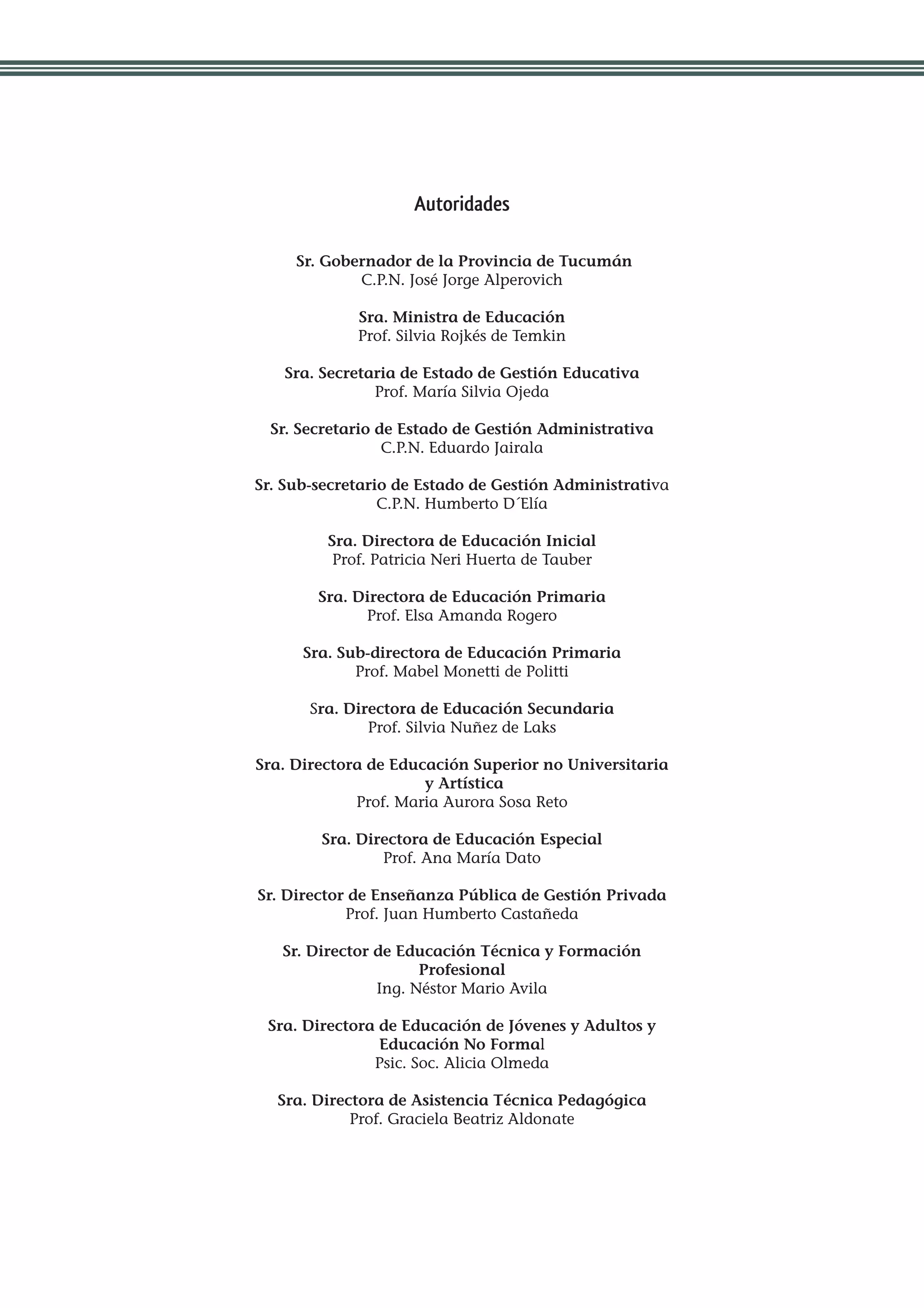 Autoridades

     Sr. Gobernador de la Provincia de Tucumán
             C.P.N. José Jorge Alperovich

             Sra. Ministra de Educación
             Prof. Silvia Rojkés de Temkin

   Sra. Secretaria de Estado de Gestión Educativa
               Prof. María Silvia Ojeda

  Sr. Secretario de Estado de Gestión Administrativa
                  C.P.N. Eduardo Jairala

Sr. Sub-secretario de Estado de Gestión Administrativa
                 C.P.N. Humberto D´Elía

         Sra. Directora de Educación Inicial
          Prof. Patricia Neri Huerta de Tauber

        Sra. Directora de Educación Primaria
              Prof. Elsa Amanda Rogero

      Sra. Sub-directora de Educación Primaria
             Prof. Mabel Monetti de Politti

       Sra. Directora de Educación Secundaria
               Prof. Silvia Nuñez de Laks

Sra. Directora de Educación Superior no Universitaria
                      y Artística
             Prof. Maria Aurora Sosa Reto

        Sra. Directora de Educación Especial
                Prof. Ana María Dato

Sr. Director de Enseñanza Pública de Gestión Privada
            Prof. Juan Humberto Castañeda

   Sr. Director de Educación Técnica y Formación
                      Profesional
                Ing. Néstor Mario Avila

 Sra. Directora de Educación de Jóvenes y Adultos y
                Educación No Formal
               Psic. Soc. Alicia Olmeda

  Sra. Directora de Asistencia Técnica Pedagógica
            Prof. Graciela Beatriz Aldonate
 