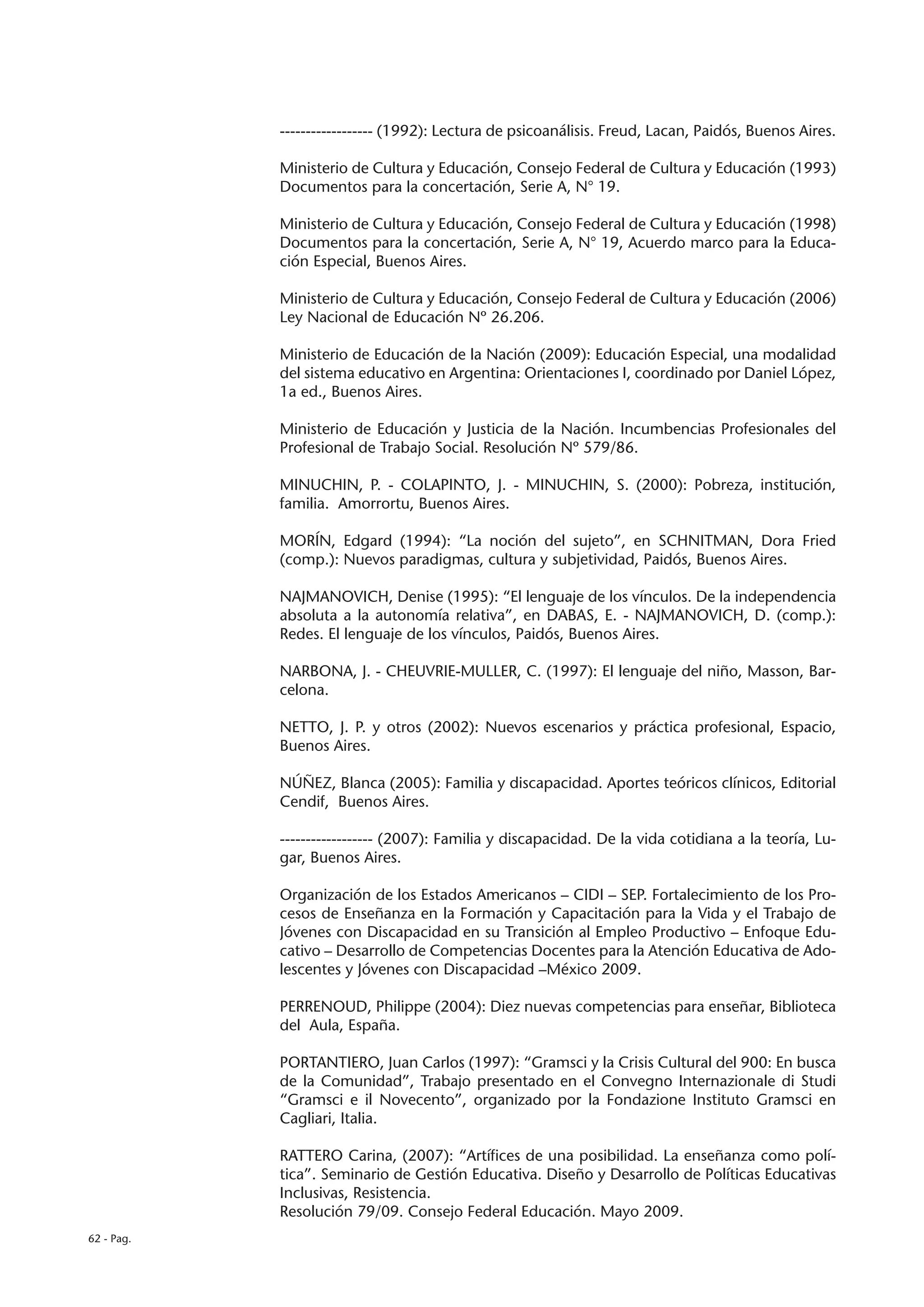------------------ (1992): Lectura de psicoanálisis. Freud, Lacan, Paidós, Buenos Aires.

            Ministerio de Cultura y Educación, Consejo Federal de Cultura y Educación (1993)
            Documentos para la concertación, Serie A, N° 19.

            Ministerio de Cultura y Educación, Consejo Federal de Cultura y Educación (1998)
            Documentos para la concertación, Serie A, N° 19, Acuerdo marco para la Educa-
            ción Especial, Buenos Aires.

            Ministerio de Cultura y Educación, Consejo Federal de Cultura y Educación (2006)
            Ley Nacional de Educación Nº 26.206.

            Ministerio de Educación de la Nación (2009): Educación Especial, una modalidad
            del sistema educativo en Argentina: Orientaciones I, coordinado por Daniel López,
            1a ed., Buenos Aires.

            Ministerio de Educación y Justicia de la Nación. Incumbencias Profesionales del
            Profesional de Trabajo Social. Resolución Nº 579/86.

            MINUCHIN, P. - COLAPINTO, J. - MINUCHIN, S. (2000): Pobreza, institución,
            familia. Amorrortu, Buenos Aires.

            MORÍN, Edgard (1994): “La noción del sujeto”, en SCHNITMAN, Dora Fried
            (comp.): Nuevos paradigmas, cultura y subjetividad, Paidós, Buenos Aires.

            NAJMANOVICH, Denise (1995): “El lenguaje de los vínculos. De la independencia
            absoluta a la autonomía relativa”, en DABAS, E. - NAJMANOVICH, D. (comp.):
            Redes. El lenguaje de los vínculos, Paidós, Buenos Aires.

            NARBONA, J. - CHEUVRIE-MULLER, C. (1997): El lenguaje del niño, Masson, Bar-
            celona.

            NETTO, J. P. y otros (2002): Nuevos escenarios y práctica profesional, Espacio,
            Buenos Aires.

            NÚÑEZ, Blanca (2005): Familia y discapacidad. Aportes teóricos clínicos, Editorial
            Cendif, Buenos Aires.

            ------------------ (2007): Familia y discapacidad. De la vida cotidiana a la teoría, Lu-
            gar, Buenos Aires.

            Organización de los Estados Americanos – CIDI – SEP. Fortalecimiento de los Pro-
            cesos de Enseñanza en la Formación y Capacitación para la Vida y el Trabajo de
            Jóvenes con Discapacidad en su Transición al Empleo Productivo – Enfoque Edu-
            cativo – Desarrollo de Competencias Docentes para la Atención Educativa de Ado-
            lescentes y Jóvenes con Discapacidad –México 2009.

            PERRENOUD, Philippe (2004): Diez nuevas competencias para enseñar, Biblioteca
            del Aula, España.

            PORTANTIERO, Juan Carlos (1997): “Gramsci y la Crisis Cultural del 900: En busca
            de la Comunidad”, Trabajo presentado en el Convegno Internazionale di Studi
            “Gramsci e il Novecento”, organizado por la Fondazione Instituto Gramsci en
            Cagliari, Italia.

            RATTERO Carina, (2007): “Artífices de una posibilidad. La enseñanza como polí-
            tica”. Seminario de Gestión Educativa. Diseño y Desarrollo de Políticas Educativas
            Inclusivas, Resistencia.
            Resolución 79/09. Consejo Federal Educación. Mayo 2009.
62 - Pag.
 