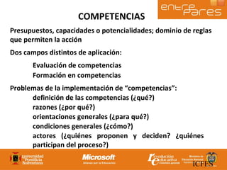 COMPETENCIAS Presupuestos, capacidades o potencialidades; dominio de reglas que permiten la acción  Dos campos distintos de aplicación: Evaluación de competencias Formación en competencias Problemas de la implementación de “competencias”:  definición de las competencias (¿qué?) razones (¿por qué?) orientaciones generales (¿para qué?) condiciones generales (¿cómo?) actores (¿quiénes proponen y deciden? ¿quiénes  participan del proceso?)   ICFES 