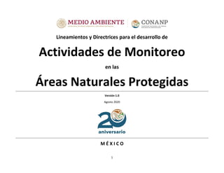 1
Lineamientos y Directrices para el desarrollo de
Actividades de Monitoreo
en las
Áreas Naturales Protegidas
Versión 1.0
Agosto 2020
M É X I C O
 