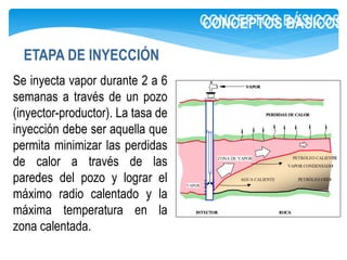 ETAPA DE INYECCIÓN
CONCEPTOS BÁSICOS
Se inyecta vapor durante 2 a 6
semanas a través de un pozo
(inyector-productor). La tasa de
inyección debe ser aquella que
permita minimizar las perdidas
de calor a través de las
paredes del pozo y lograr el
máximo radio calentado y la
máxima temperatura en la
zona calentada.
 