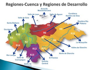 Regiones-Cuenca y Regiones de Desarrollo
                                       Arrecife
                                    Mesosmercano

                         Valle de Lean              Valle de Aguan        Cordillera
                                                                        Nombre de Dios
              Valle de Sula
                                                                                     Biosfera Río
  Santa Bárbara                                                                        Plátano


Occidente




                                                                                    La Mosquitia

                                                                             Valles de Olancho


                                                                 Norte de Olancho
  Río Lempa
             Valle de                               El Paraíso
            Comayagua
                                         Distrito
                     Golfo de            Central
                     Fonseca
 