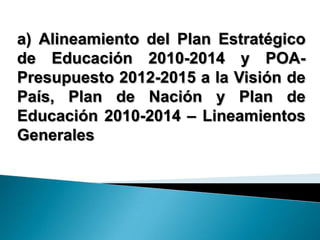 a) Alineamiento del Plan Estratégico
de Educación 2010-2014 y POA-
Presupuesto 2012-2015 a la Visión de
País, Plan de Nación y Plan de
Educación 2010-2014 – Lineamientos
Generales
 