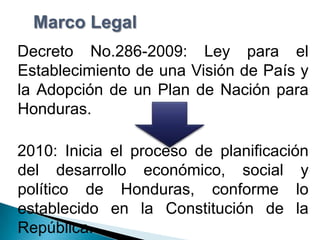 Marco Legal
Decreto No.286-2009: Ley para el
Establecimiento de una Visión de País y
la Adopción de un Plan de Nación para
Honduras.

2010: Inicia el proceso de planificación
del desarrollo económico, social y
político de Honduras, conforme lo
establecido en la Constitución de la
República.
 