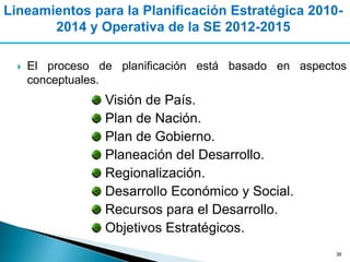 Lineamientos para la Planificación Estratégica 2010-
       2014 y Operativa de la SE 2012-2015

     El proceso de planificación está basado en aspectos
      conceptuales.
                  Visión de País.
                  Plan de Nación.
                  Plan de Gobierno.
                  Planeación del Desarrollo.
                  Regionalización.
                  Desarrollo Económico y Social.
                  Recursos para el Desarrollo.
                  Objetivos Estratégicos.
                                                       36
 