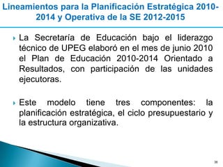 Lineamientos para la Planificación Estratégica 2010-
       2014 y Operativa de la SE 2012-2015

     La Secretaría de Educación bajo el liderazgo
      técnico de UPEG elaboró en el mes de junio 2010
      el Plan de Educación 2010-2014 Orientado a
      Resultados, con participación de las unidades
      ejecutoras.

     Este modelo tiene tres componentes: la
      planificación estratégica, el ciclo presupuestario y
      la estructura organizativa.



                                                             38
 