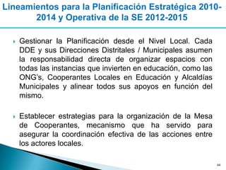 Lineamientos para la Planificación Estratégica 2010-
       2014 y Operativa de la SE 2012-2015

     Gestionar la Planificación desde el Nivel Local. Cada
      DDE y sus Direcciones Distritales / Municipales asumen
      la responsabilidad directa de organizar espacios con
      todas las instancias que invierten en educación, como las
      ONG’s, Cooperantes Locales en Educación y Alcaldías
      Municipales y alinear todos sus apoyos en función del
      mismo.

     Establecer estrategias para la organización de la Mesa
      de Cooperantes, mecanismo que ha servido para
      asegurar la coordinación efectiva de las acciones entre
      los actores locales.

                                                                  44
 