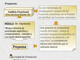 Unidad de Formación
MÓDULO (No Asignaturas)
Bloque coherente de
aprendizajes específicos y
complementarios, orientado a
una opción laboral específica
Propuesta:
Análisis Funcional
(Para estructurar Módulos CB)
Es una metodología de
desagregación sucesiva de las
funciones productivas con la finalidad
de identificar las funciones realizables
Una persona es competente
cuando demuestra realizar la
actividad ocupacional especifica, en
condiciones de eficiencia y de
seguridad. La competencia
laboral esta definido por el
referente laboral.Proyectos
 