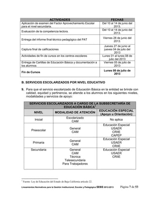 ACTIVIDADES                                               FECHAS
Aplicación de examen del Factor Aprovechamiento Escolar                       Del 10 al 14 de junio del
para el nivel secundaria.                                                               2013.
                                                                              Del 10 al 14 de junio del
Evaluación de la competencia lectora.
                                                                                        2013.
                                                                               Viernes 28 de junio del
Entrega del informe final técnico pedagógico del PAT
                                                                                       2013.
                                                                                Jueves 27 de junio al
Captura final de calificaciones                                                 jueves 04 de julio del
                                                                                         2013
Actividades de fin de cursos en los centros escolares                          Lunes 01 al lunes 08 de
                                                                                    julio del 2013
Entrega de Cartillas de Educación Básica y documentación a                      Viernes 05 de julio de
los alumnos                                                                              2013
                                                                                Lunes 08 de julio de
Fin de Cursos
                                                                                       2013


B. SERVICIOS ESCOLARIZADOS POR NIVEL EDUCATIVO

9. Para que el servicio escolarizado de Educación Básica en la entidad se brinde con
   calidad, equidad y pertinencia, se atiende a los alumnos en los siguientes niveles,
   modalidades y servicios de apoyo:

          SERVICIOS ESCOLARIZADOS A CARGO DE LA SUBSECRETARÍA DE
                             EDUCACIÓN BÁSICA1
                                                EDUCACIÓN ESPECIAL
             NIVEL      MODALIDAD DE ATENCIÓN
                                                 (Apoyo u Orientación)
                              Escolarizado
             Inicial                                   No aplica
                                  CAM
                                                   Educación Especial
                                 General                USAER
           Preescolar
                                  CAM                    CRIIE
                                                        CAPEP
                                                   Educación Especial
                                 General
            Primaria                                    USAER
                                  CAM
                                                         CRIIE
           Secundaria            General           Educación Especial
                                  CAM                   USAER
                                 Técnica                 CRIIE
                             Telesecundaria
                            Para Trabajadores




1
    Fuente: Ley de Educación del Estado de Baja California artículo 22.

Lineamientos Normativos para la Gestión Institucional, Escolar y Pedagógica SEBS 2012-2013   Página 7 de 53
 