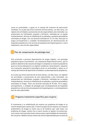 P á g i n a
53
social en profundidad, y apoyo en el manejo del síndrome de deprivación
inmediato. Es un plan que ofrece atención 24 horas diarias, con días cama, con
régimen de actividades o prestaciones de alta especialidad y alta intensidad. Las
prestaciones son individuales, grupales y familiares, realizadas por un equipo
multiprofesional, técnicos en rehabilitación acreditados y auxiliares paramédicos
entrenados en drogas. Con una duración estimada de 15 a 21 días. Este plan se
asigna principalmente a unidades intrahospitalarias de desintoxicación de
hospitales psiquiátricos o de servicios de psiquiatría de hospital general, o extra
hospitalaria, pero de alta especialidad.
Plan de compensación de patología dual
Está orientado a personas dependientes de drogas ilegales, con patología
psiquiátrica grave concomitante, con compromiso biopsicosocial severo, que no
pudieron abstenerse del consumo de drogas ni compensar su trastorno psiquiátrico
grave en forma ambulatoria o en régimen residencial. Generalmente, requieren
una evaluación psiquiátrico-psicológica-social en profundidad y apoyo en el
manejo del síndrome de deprivación inmediato y su descompensación psiquiátrica.
Es un plan que ofrece atención de 24 horas diarias, con días cama, con régimen
de actividades o prestaciones de alta especialidad y alta intensidad. Las
prestaciones son individuales, grupales y familiares, realizadas por un equipo
multiprofesional, técnicos en rehabilitación acreditados y auxiliares paramédicos
entrenados en drogas. Tiene una duración estimada de 45 días. Se le asigna,
principalmente, a unidades de patología dual intrahospitalarias de hospitales
psiquiátricos o de servicios de psiquiatría de hospital general, o extrahospitalaria
pero de alta especialidad.
Programa tratamiento específico para mujeres
El tratamiento y la rehabilitación de mujeres con problemas de drogas es un
enorme desafío para nuestro país. Si bien la proporción de mujeres con consumo
problemático de drogas es menor que la de hombres (por cada mujer con
problemas de drogas, existen tres a cuatro varones en iguales circunstancias),
no es menos cierto que ellas tienen menos acceso y oportunidades de tratamiento.
Por una parte, debido al escaso número de centros especializados para la atención
 