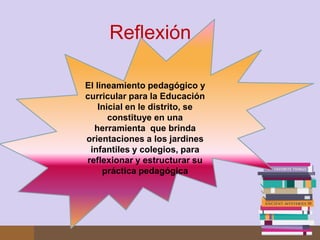 Reflexión

El lineamiento pedagógico y
curricular para la Educación
    Inicial en le distrito, se
       constituye en una
  herramienta que brinda
orientaciones a los jardines
 infantiles y colegios, para
reflexionar y estructurar su
     práctica pedagógica
 