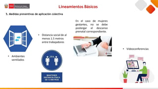 Lineamientos Básicos
5. Medidas preventivas de aplicación colectiva
En el caso de mujeres
se debe
gestantes,
postergar
no
el descanso
prenatal correspondiente.
• Distancia social de al
menos 1.5 metros
entre trabajadores
• Videoconferencias
• Ambientes
ventilados
 