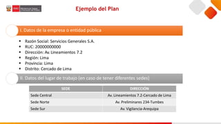 Ejemplo del Plan
I. Datos de la empresa o entidad pública
 Razón Social: Servicios Generales S.A.
 RUC: 20000000000
 Dirección: Av. Lineamientos 7.2
 Región: Lima
 Provincia: Lima
 Distrito: Cercado de Lima
II. Datos del lugar de trabajo (en caso de tener diferentes sedes)
SEDE DIRECCIÓN
Sede Central Av. Lineamientos 7.2-Cercado de Lima
Sede Norte Av. Preliminares 234-Tumbes
Sede Sur Av. Vigilancia-Arequipa
 