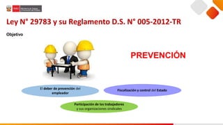 Ley N° 29783 y su Reglamento D.S. N° 005-2012-TR
Objetivo
El deber de prevención del
empleador
Fiscalización y control del Estado
Participación de los trabajadores
y sus organizaciones sindicales
PREVENCIÓN
 