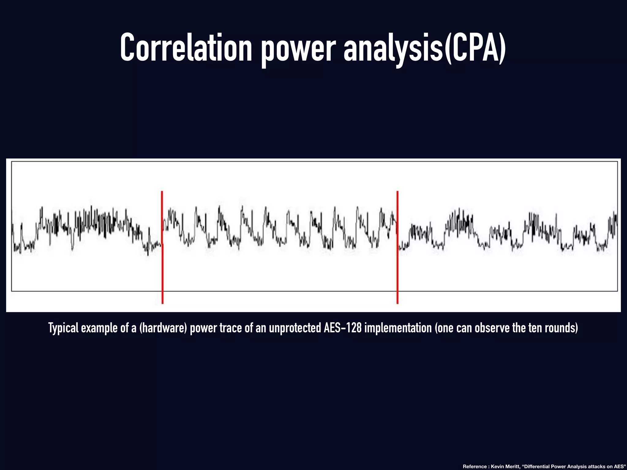 Typical example of a (hardware) power trace of an unprotected AES-128 implementation (one can observe the ten rounds)
Correlation power analysis(CPA)
Reference : Kevin Meritt, “Diﬀerential Power Analysis attacks on AES”
 